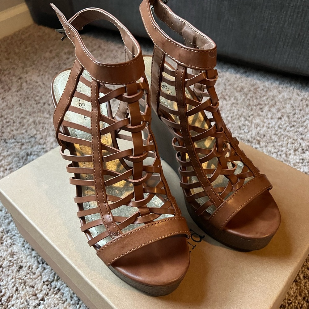 Brown Strappy Wedge Sandals